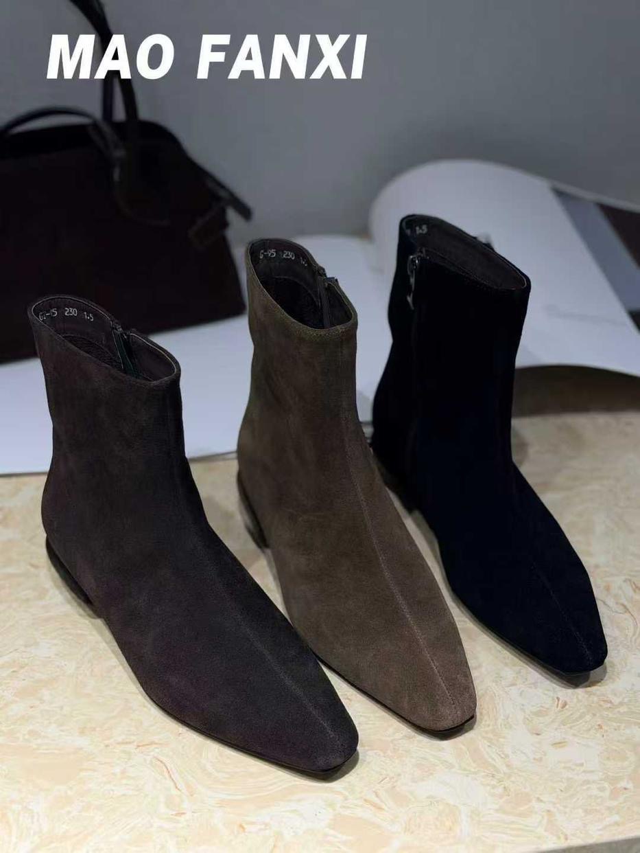 MFX 全牛皮后拉链复古棕色小踝靴瘦瘦靴方头粗跟短靴 GT-95主图