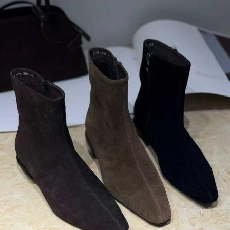 MFX 全牛皮后拉链复古棕色小踝靴瘦瘦靴方头粗跟短靴 GT-95