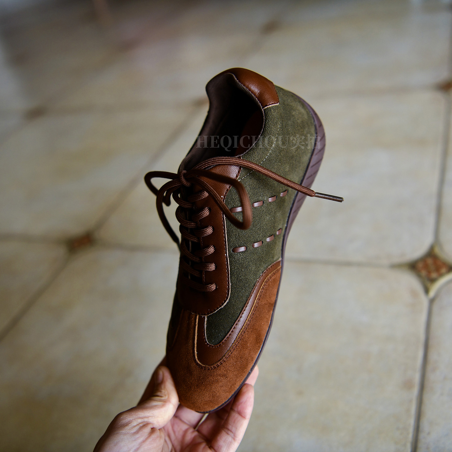 复古圆头拼接平底系带德训鞋女2025秋冬新款软底休闲鞋何其丑女鞋主图