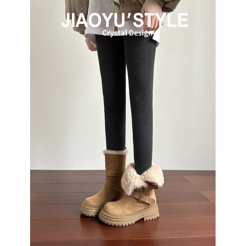 真皮~骄屿厚底雪地靴2025新款冬季翻折两穿短靴防滑保暖加厚棉鞋主图