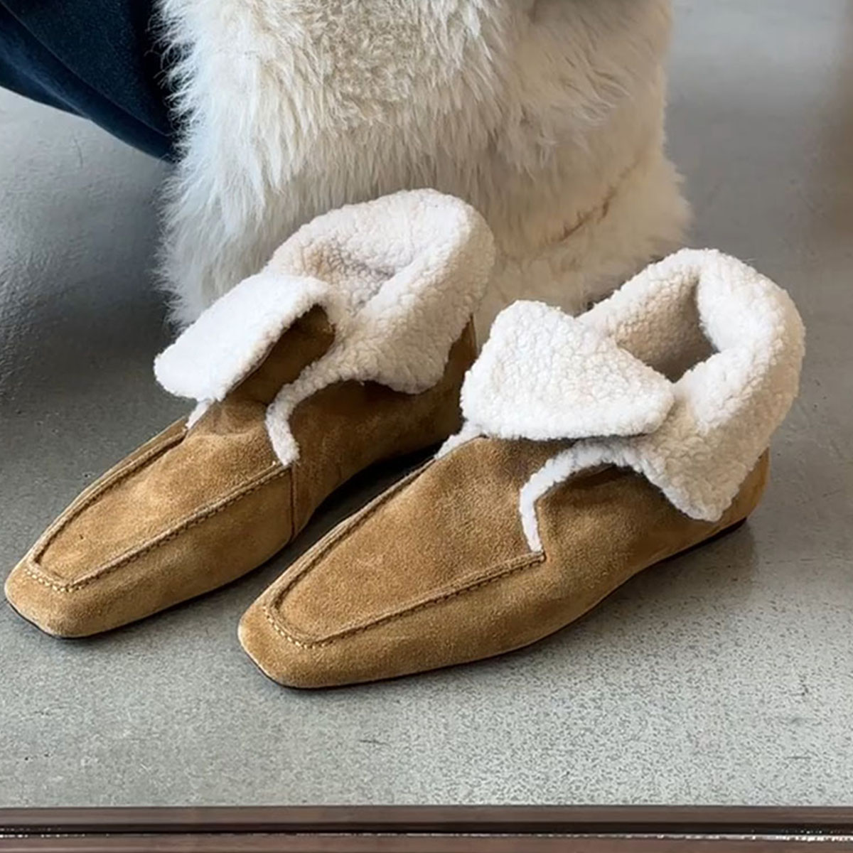 羊皮版~加绒保暖方头显瘦羊羔毛毛鞋女舒适软底一脚蹬外穿小皮鞋主图