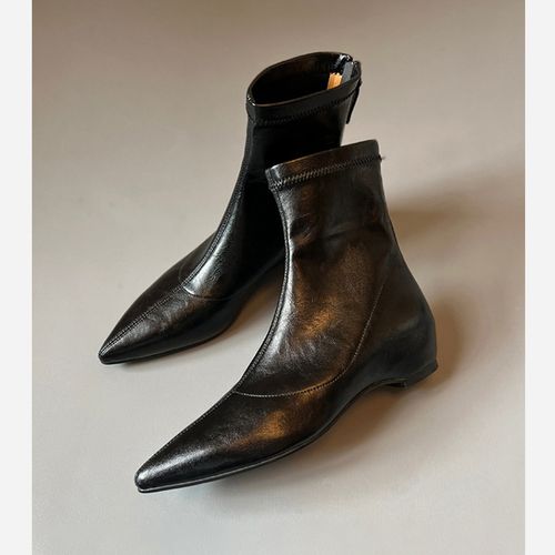 羊皮版~复古尖头通勤内增高瘦瘦靴女气质弹力靴后拉链坡跟短靴子主图