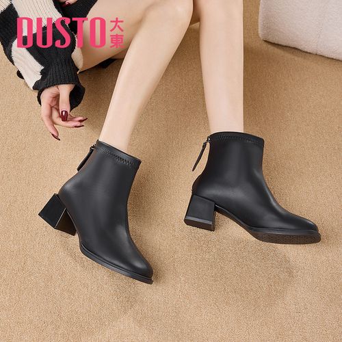 大东靴子女冬季加绒中跟方头瘦瘦靴腿粗显瘦外穿流行小短靴女0125主图