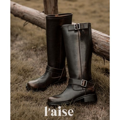 L'aise整靴全皮 手工加绒擦色做旧宽筒不过膝骑士靴高筒长靴女主图