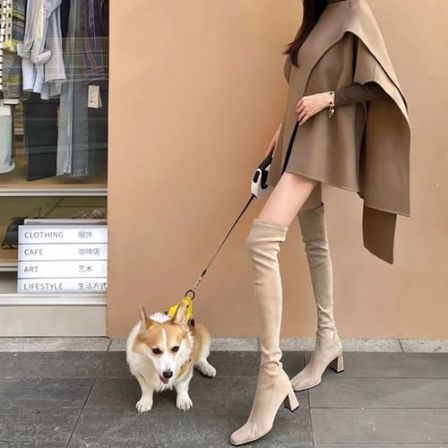 时尚靴5050方头粗跟瘦腿过膝长靴女高跟高筒靴秋冬显瘦弹力长筒靴