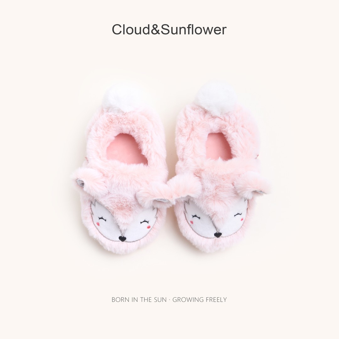 【云朵小葵】女童冬季新款可爱粉粉狐狸毛茸茸刺绣棉拖鞋主图