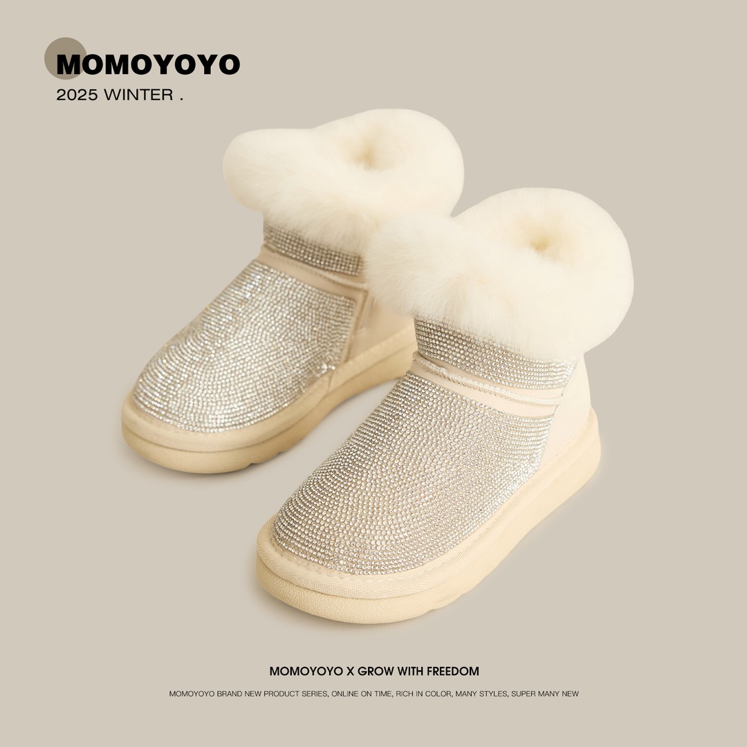 辰辰妈【满天星】女童烫钻毛毛雪地靴儿童防滑加绒保暖短靴25D08034主图