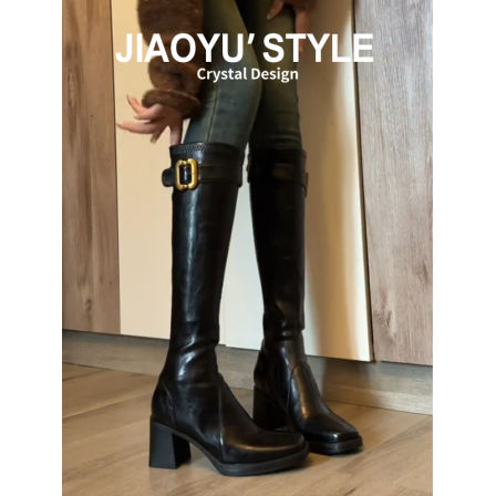 真皮~骄屿皮带扣厚底不过膝长靴粗高跟长筒靴女高筒瘦瘦靴骑士靴