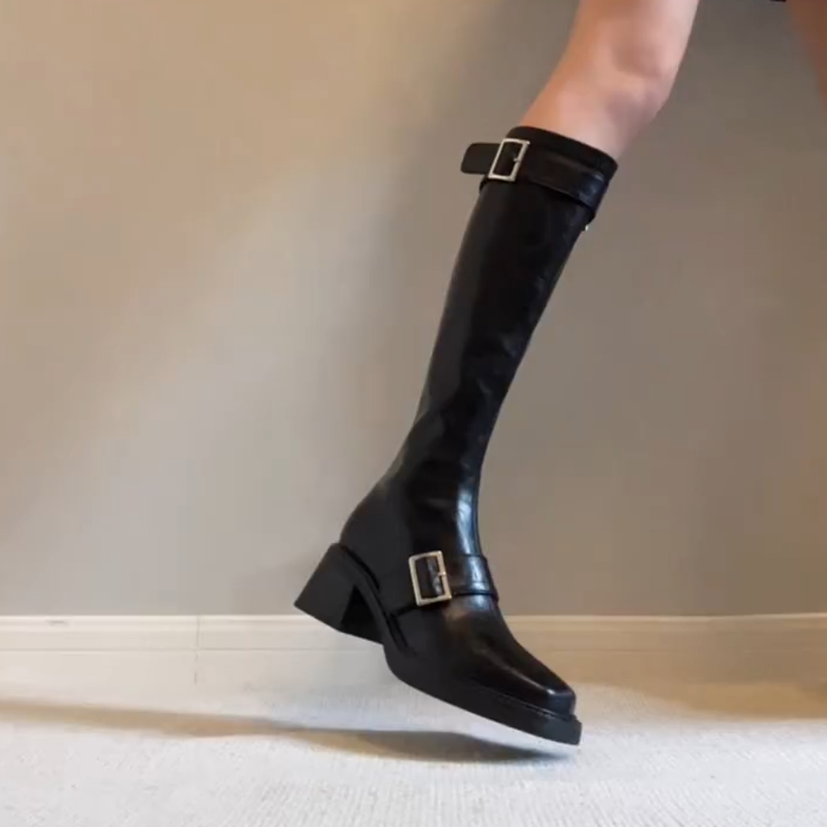 牛皮版~英伦风复古显瘦不过膝直筒骑士靴女小众设计感弹力瘦瘦靴主图