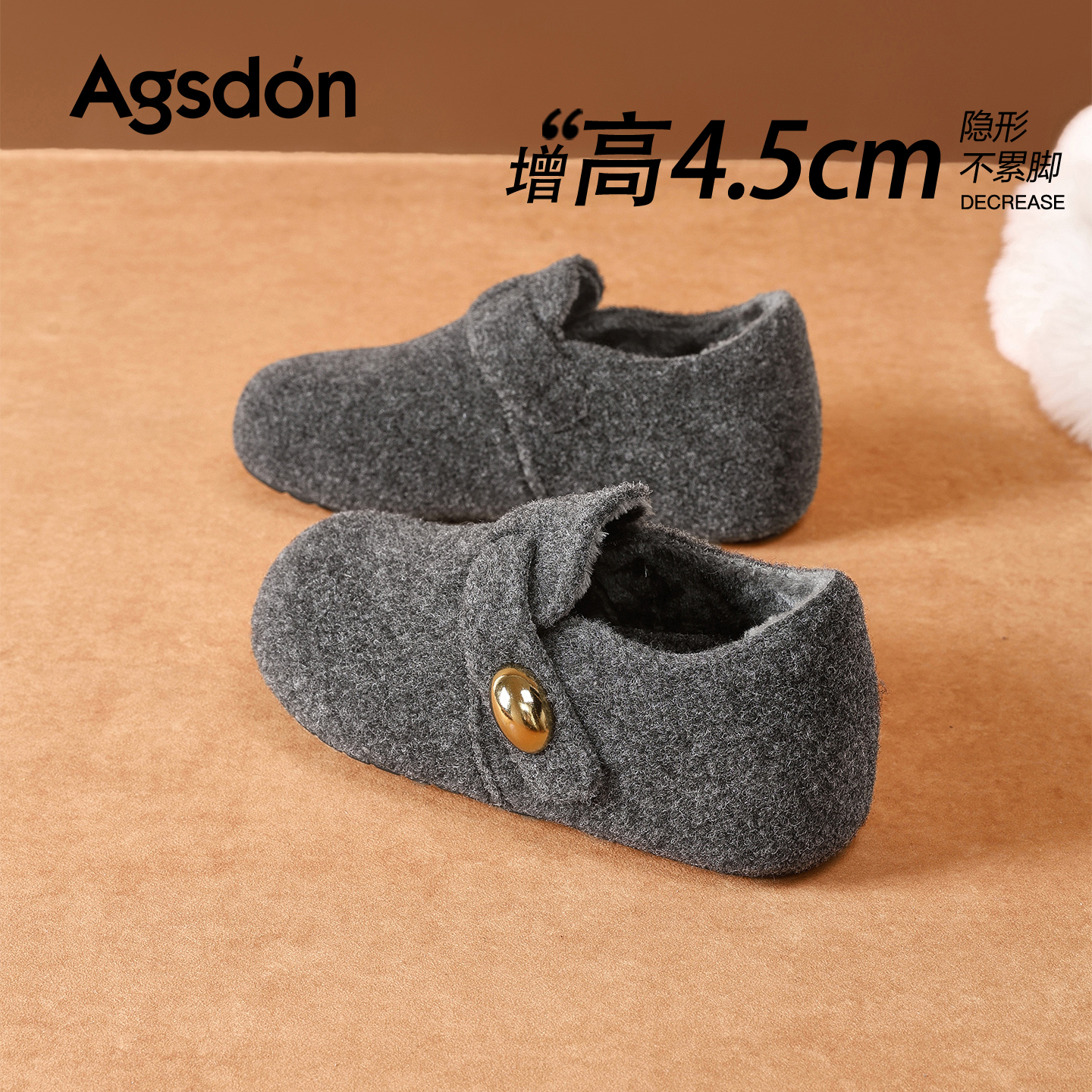 奥古狮登灰色加绒勃肯鞋女2025新款冬季厚底内增高一脚蹬毛绒棉鞋主图