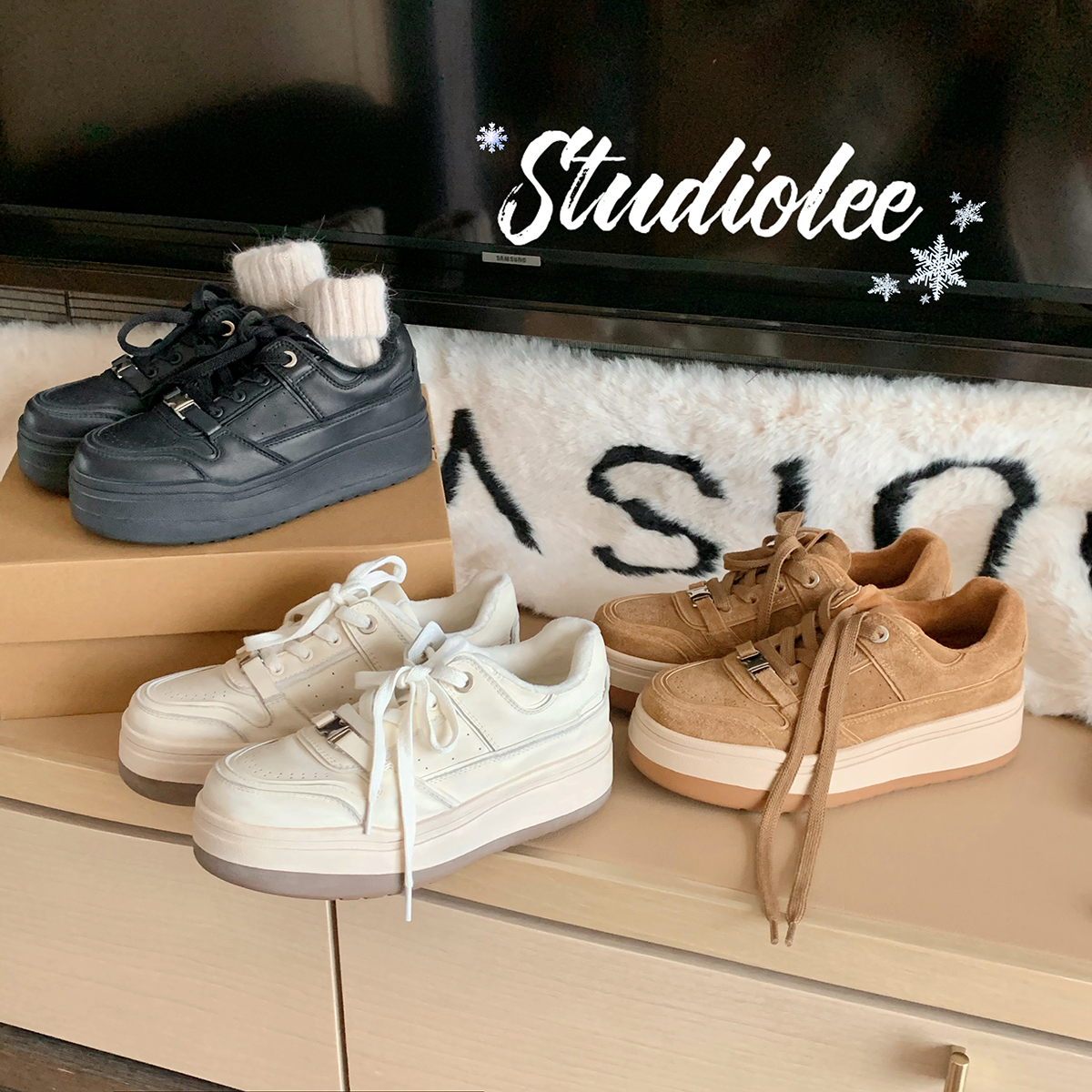 葡萄妈studiolee 4.5cm厚底~ 加绒圆头皮面系带增高休闲板鞋女主图