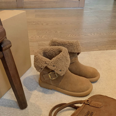 葡萄妈studiolee 可翻折保暖金属扣带羊羔毛百搭粗跟中筒靴女冬