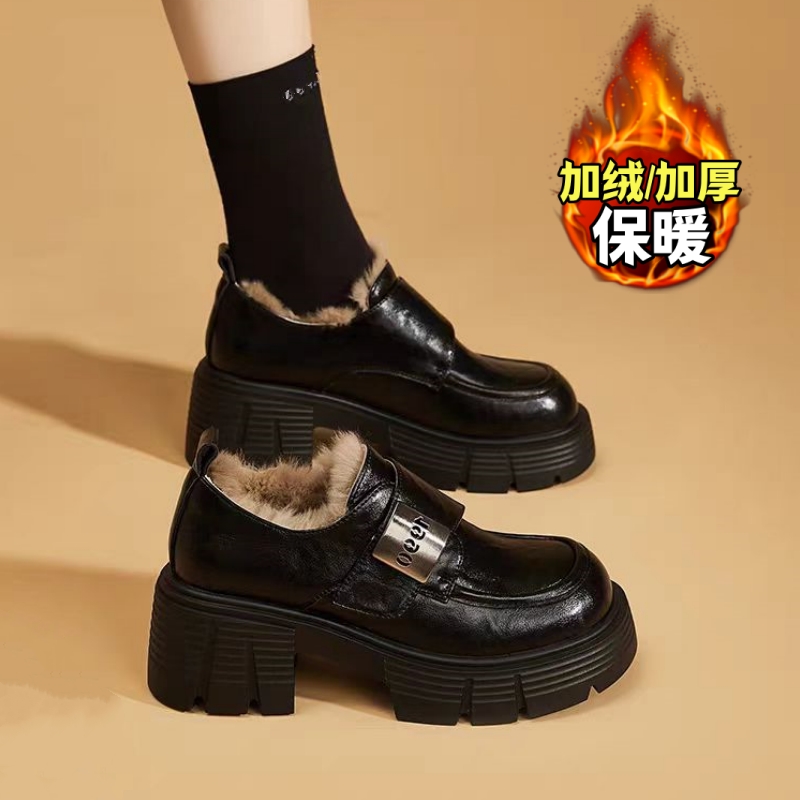 增高英伦乐福鞋女冬季加绒2025爆款黑色通勤皮鞋女款厚底保暖棉鞋主图