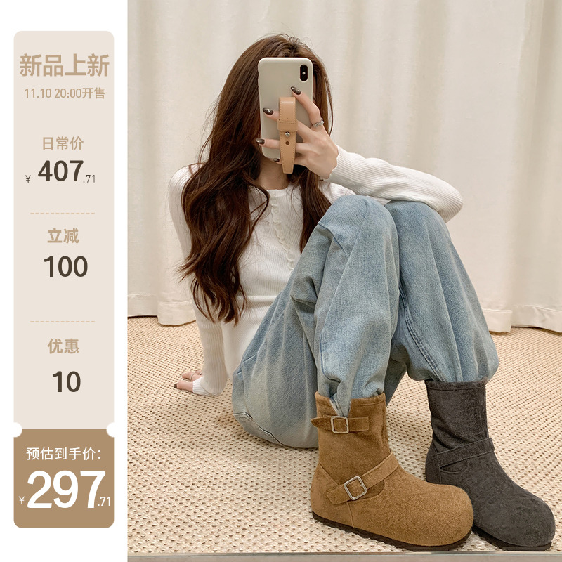 【sheii苏茵茵】羊毛勃肯靴~保暖扣带内增高毛毛短靴女雪地靴棉鞋主图