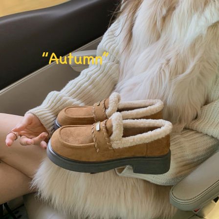 葡萄妈studiolee 增高4cm~ 懒人加绒方圆头编织一脚蹬毛毛乐福鞋