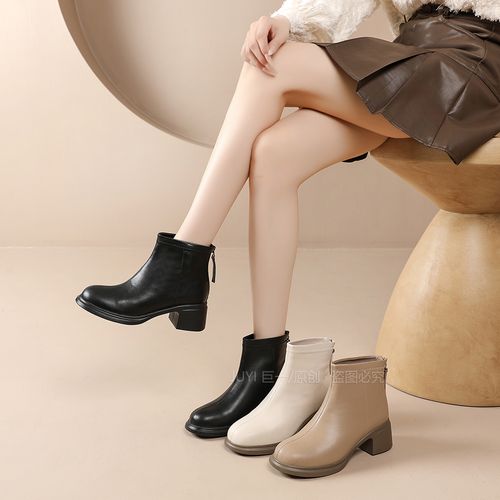 2025爆款短筒靴牛皮靴瘦瘦靴百搭真皮粗跟圆头时尚跟高5cmJY1039主图