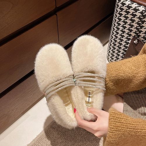 法式水貂毛平底毛毛鞋女外穿2025新款秋冬季一脚蹬毛绒棉鞋豆豆鞋主图