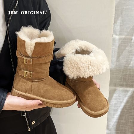 JBM 冬季新款儿童加厚两穿雪地靴中大童设计感皮带扣骑士中筒棉靴