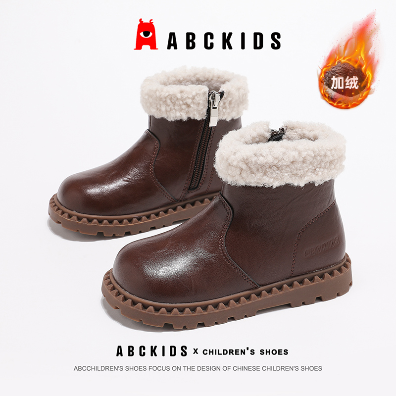 ABCkids童鞋女童雪地靴冬季加绒保暖儿童二棉皮靴中大童女孩棉靴主图