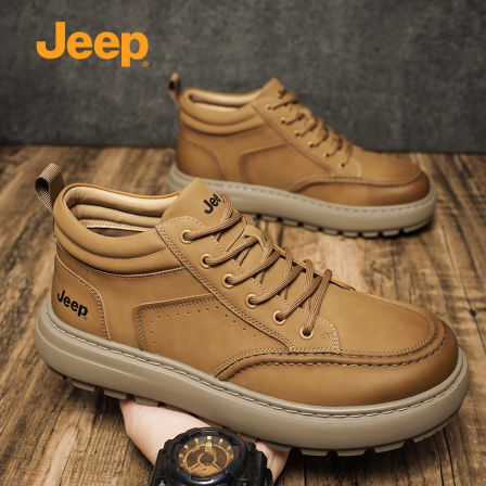 jeep男鞋秋冬季新款高级感真皮高帮鞋复古厚底工装鞋男士英伦皮鞋