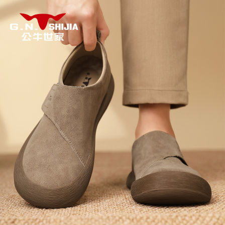 公牛世家勃肯鞋男秋季一脚蹬宽楦大头休闲皮鞋真皮复古懒人豆豆鞋