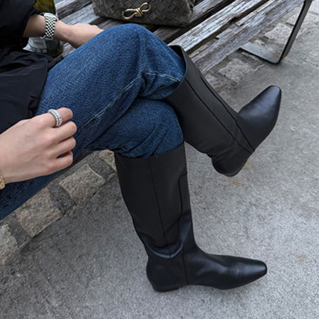 羊皮版~尖头复古简约高筒骑士靴女显瘦气质不过膝长靴低跟直筒靴