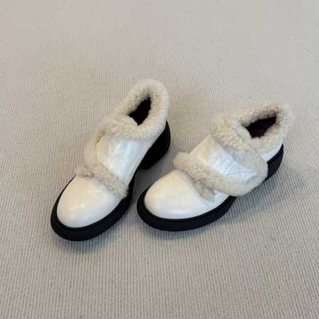 牛皮版~英伦风乐福鞋一脚蹬女鞋冬季加绒圆头魔术贴设计女小皮鞋