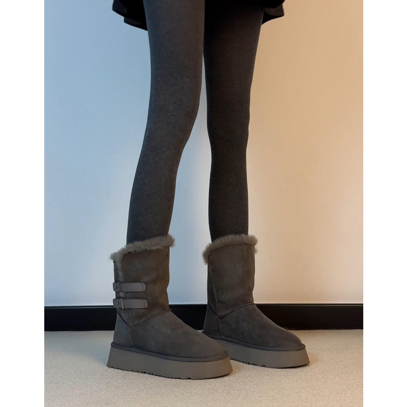 牛皮版~真皮厚底皮带扣皮毛一体雪地靴女加绒保暖毛毛鞋短靴棉靴主图