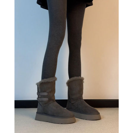 牛皮版~真皮厚底皮带扣皮毛一体雪地靴女加绒保暖毛毛鞋短靴棉靴