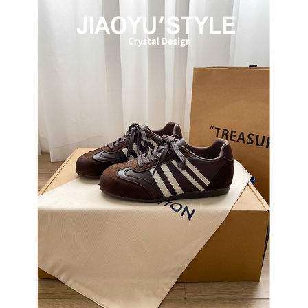 真皮~骄屿复古美拉德棕色内增高德训鞋女2025新款休闲运动阿甘鞋