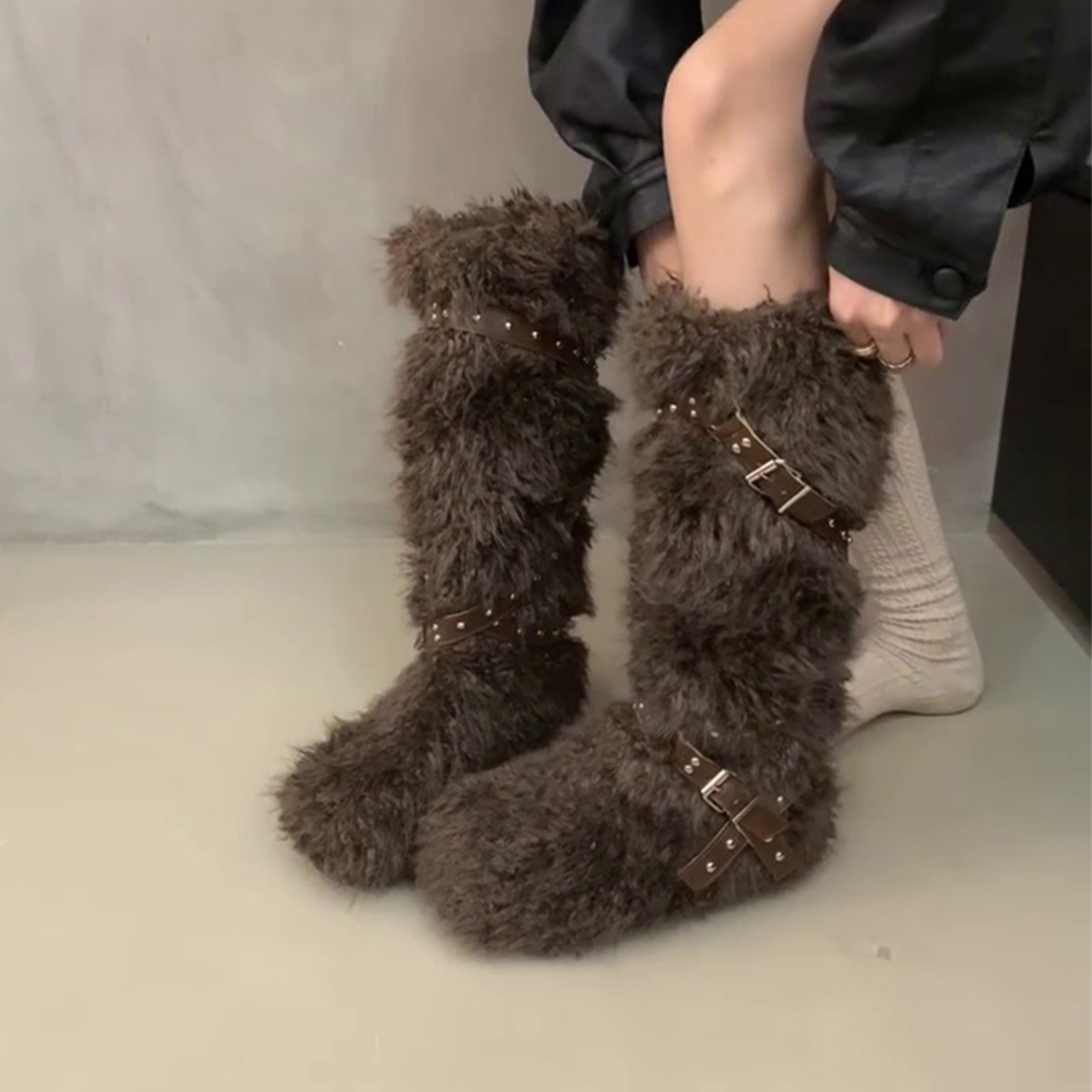 羊皮版~厚底内增高毛毛靴加绒加厚高筒雪地靴女复古铆钉长靴棉靴主图