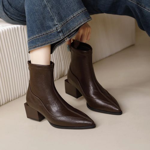 爆款尖头切尔西女靴粗跟新款秋冬中跟瘦瘦靴软底百搭中跟短靴6810主图
