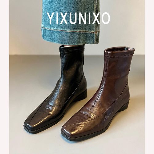 羊皮小短靴女2025年秋冬新款真皮气质方头软底舒适平底瘦瘦靴女主图
