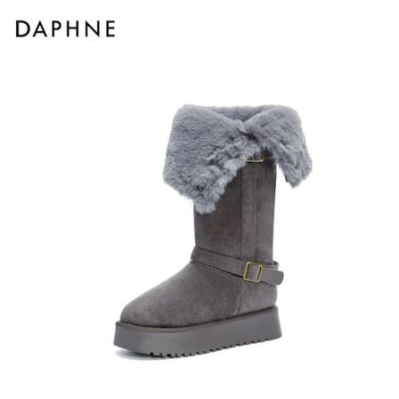 达芙妮新款时尚厚底增高翻折两穿加绒加厚女靴舒适保暖长筒雪地靴