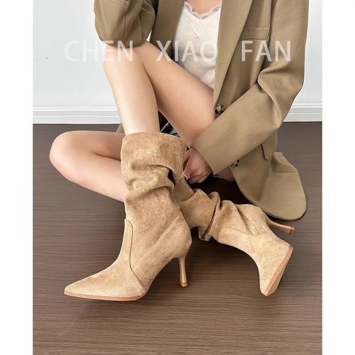 西部牛仔风格靴子秋冬新款卡其美拉德堆堆靴时装靴褶皱中筒长靴女主图