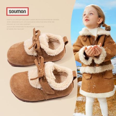 SMON儿童雪地靴女童棉鞋冬季加绒保暖靴子中筒靴女小童休闲毛毛鞋