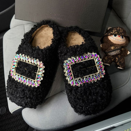 羊皮版~厚底增高水钻扣毛毛拖鞋女外穿一脚蹬复古懒人包头棉拖鞋