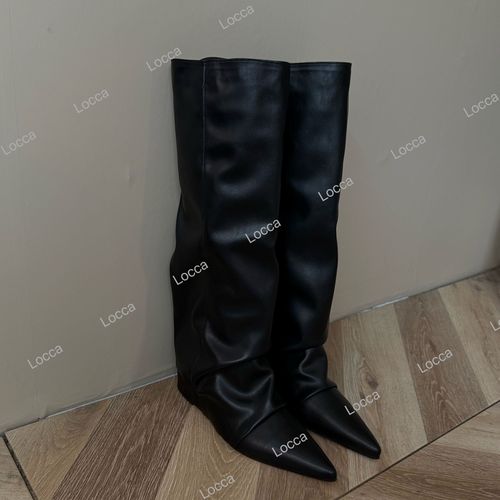 欧美风尖头褶皱坡跟时装靴2025年秋冬必备新款DX主图