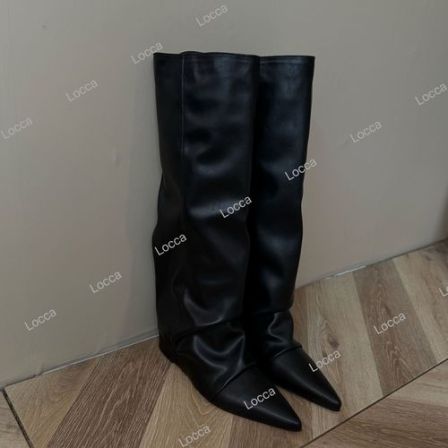 欧美风尖头褶皱坡跟时装靴2025年秋冬必备新款DX