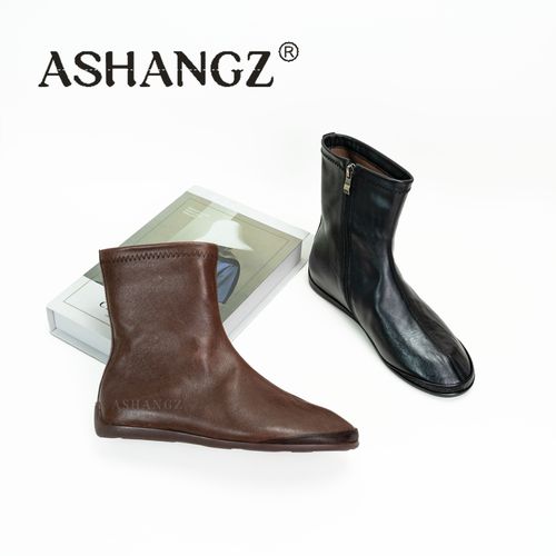 [艾尚周]低跟皮靴秋冬季女靴咖啡色复古单靴马丁靴中筒主图