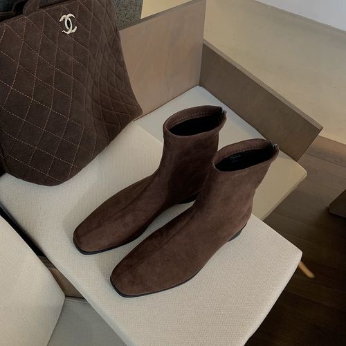 2025新款内增高时尚方头短靴女百搭瘦瘦靴秋冬复古绒面弹力靴主图