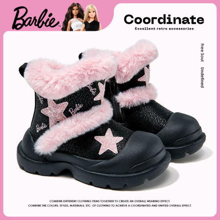 芭比童鞋女童雪地靴2025新款冬季防水加绒保暖公主靴子儿童大棉鞋