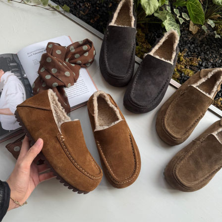 牛皮版~复古绒面加绒勃肯单鞋一脚蹬平底豆豆鞋外穿圆头保暖棉鞋