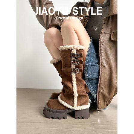 真皮~骄屿东北雪地靴女2025冬季羊羔绒加厚棉鞋加绒皮带扣长筒靴