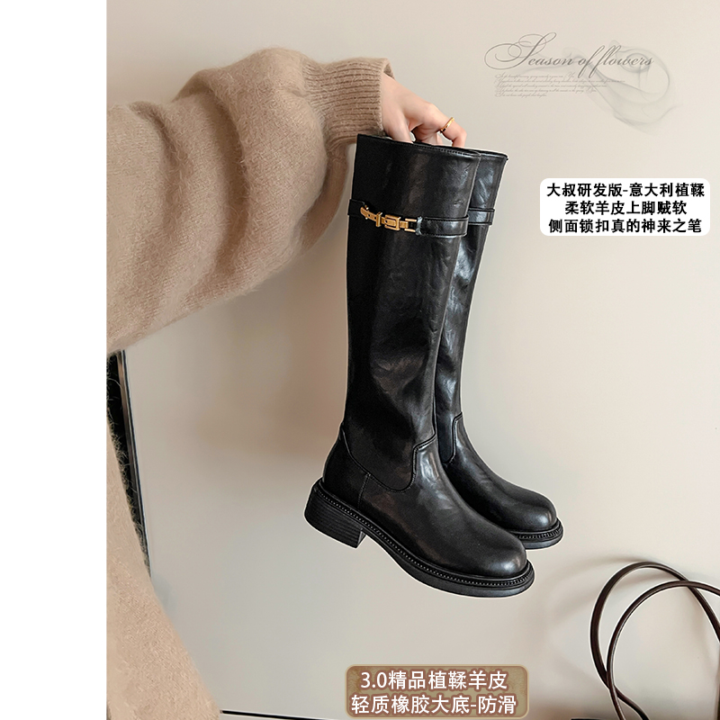 【柔软羊皮】大叔家真皮厚底骑士靴女2025新款秋冬英伦风显瘦长靴主图