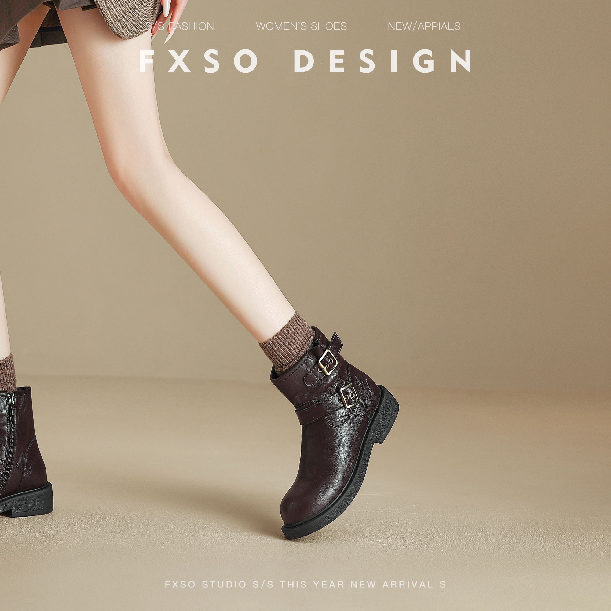 真皮FXSO方巷2025秋冬新款皮带扣显瘦马丁靴女厚底车缝线短筒靴女主图
