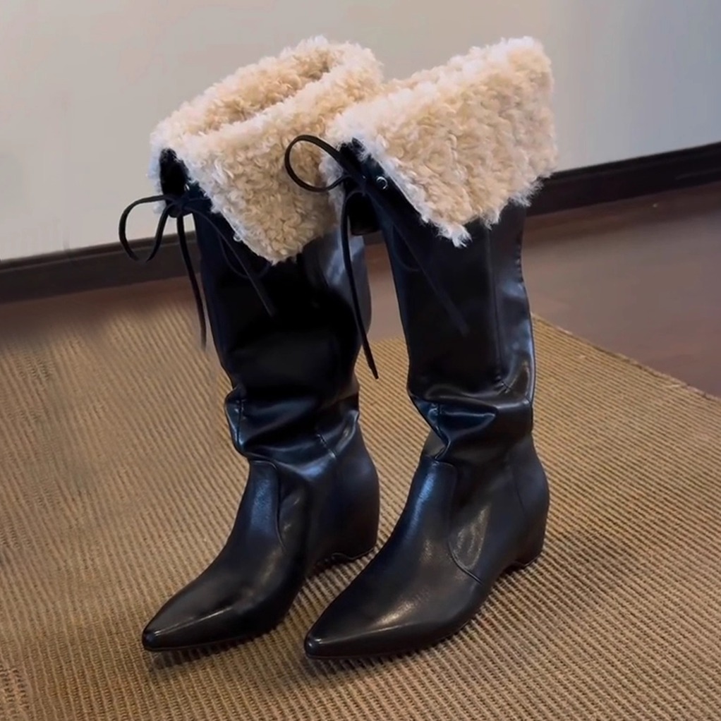 牛皮版~慵懒感秋冬时髦不过膝黑色长靴女尖头内增高加绒褶皱棉鞋主图
