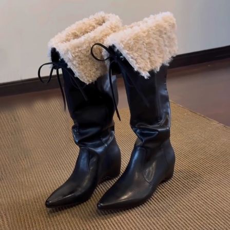 牛皮版~慵懒感秋冬时髦不过膝黑色长靴女尖头内增高加绒褶皱棉鞋