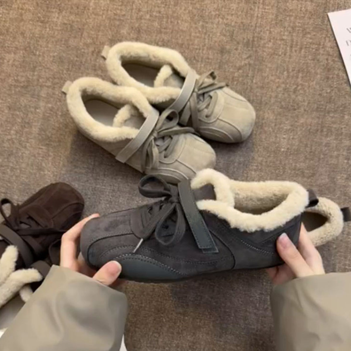 羊皮版~温柔气质加绒保暖德训鞋女魔术贴复古软底系带防滑雪地靴主图