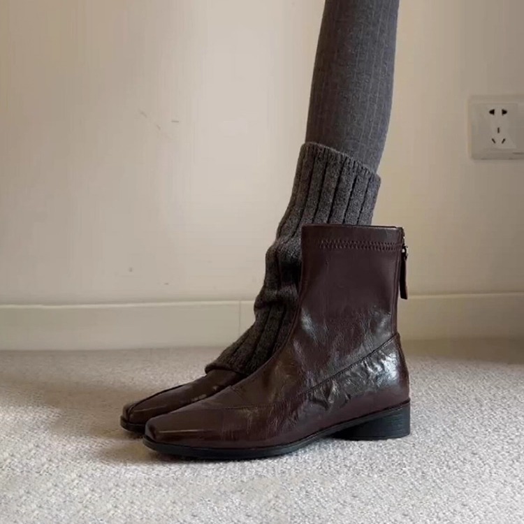 牛皮版~复古显瘦真皮百搭通勤瘦瘦靴女简约方头低跟后拉链弹力靴主图